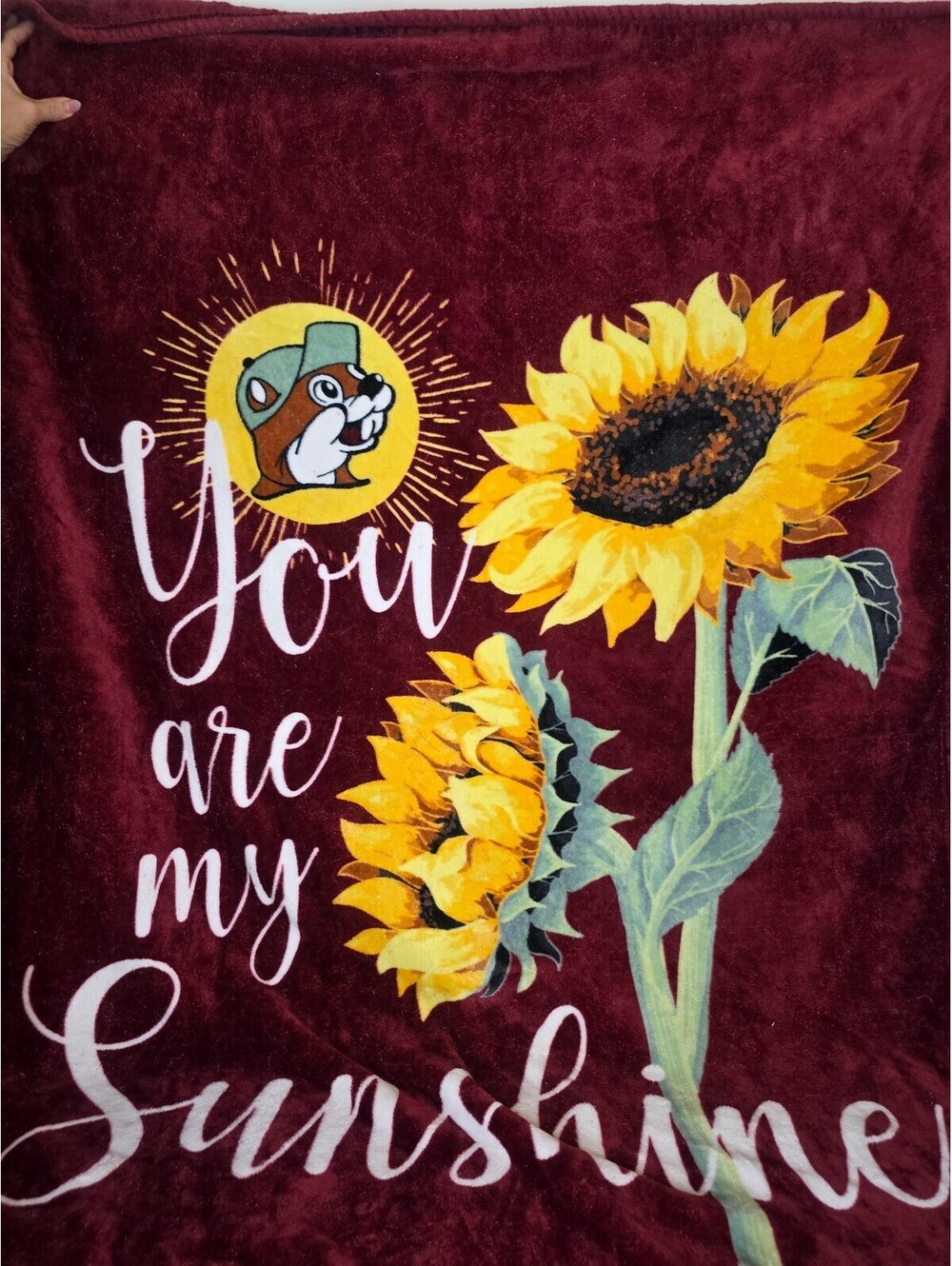 Buc-ee's Mascot "You are my Sunshine" Sunflower Burgundy 50" x 70' Plush Blanket